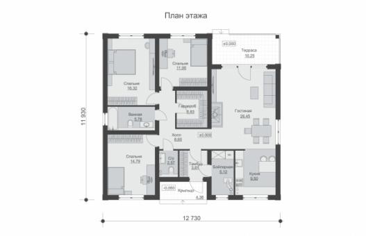 Одноэтажный дом террасой и тремя спальнями